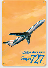 Boeing Super 727 Jet Airplane - United Airlines - c.1969 - Metal Sign Art