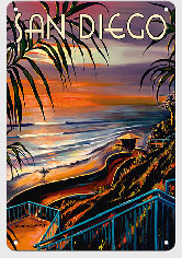 San Diego - California Sunset - Surfer at the Beach - Metal Sign Art
